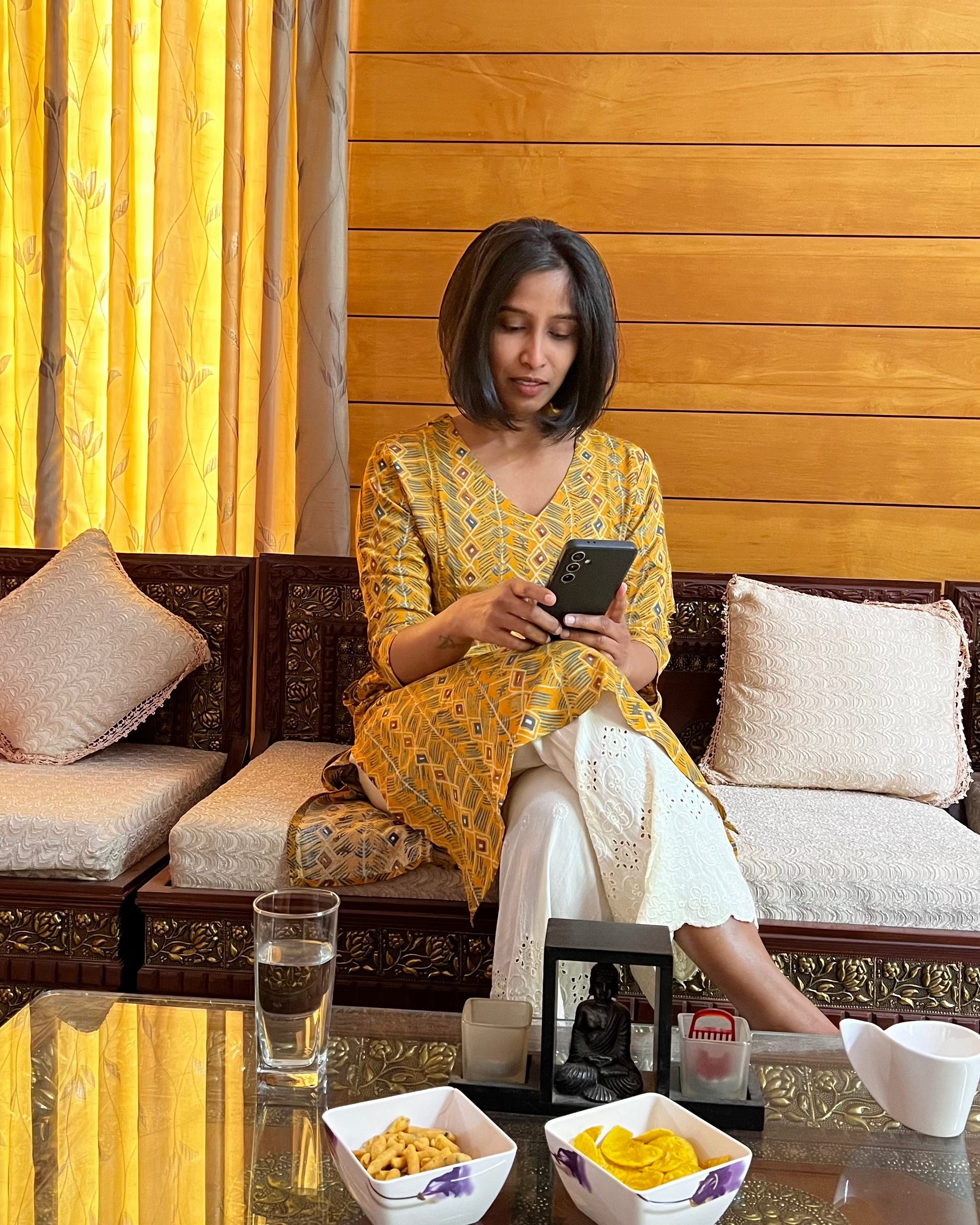 Mustard Geometric Print V-Neck Rayon Kurta