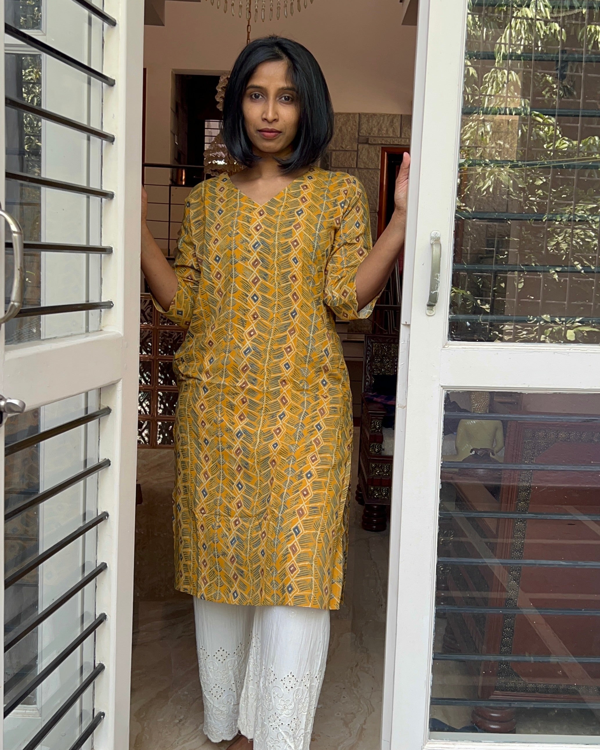Mustard Geometric Print V-Neck Rayon Kurta