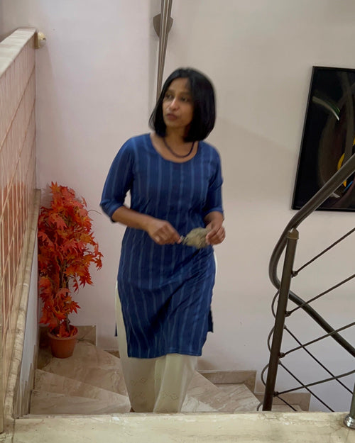 Blue Striped Rayon Straight Kurti