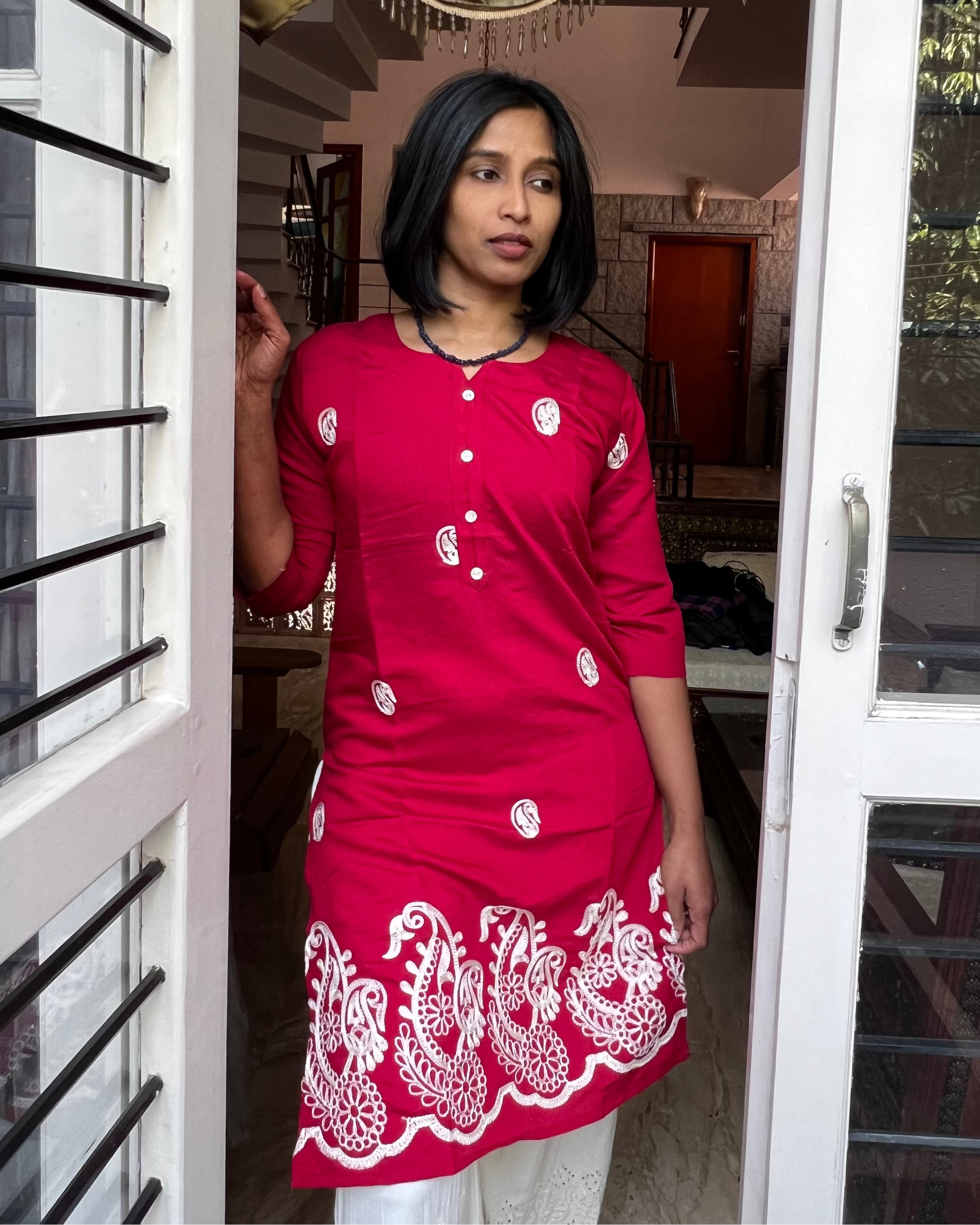 Embroidered Maroon Rayon-Silk Kurti with Paisley Detailing