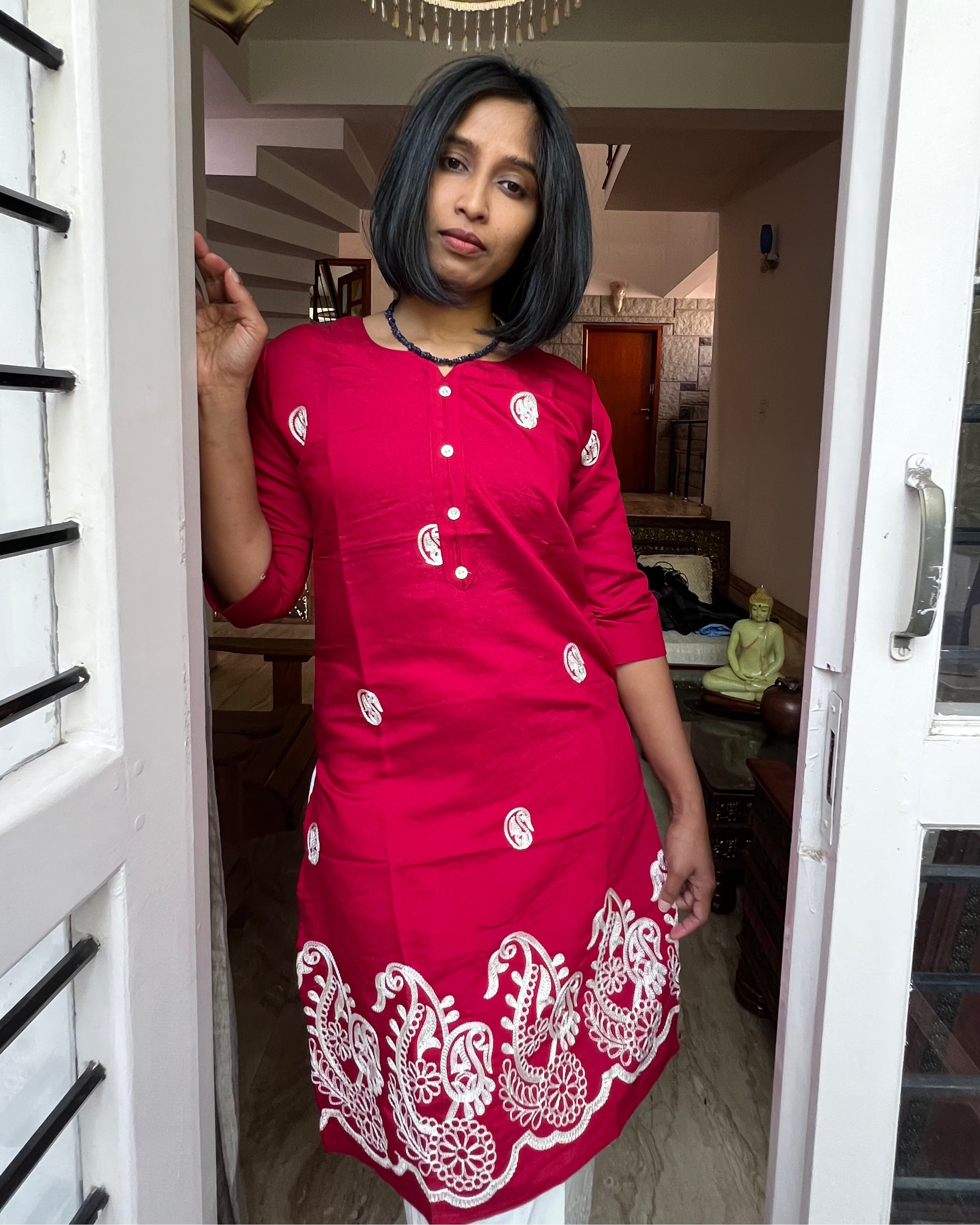 Embroidered Maroon Rayon-Silk Kurti with Paisley Detailing