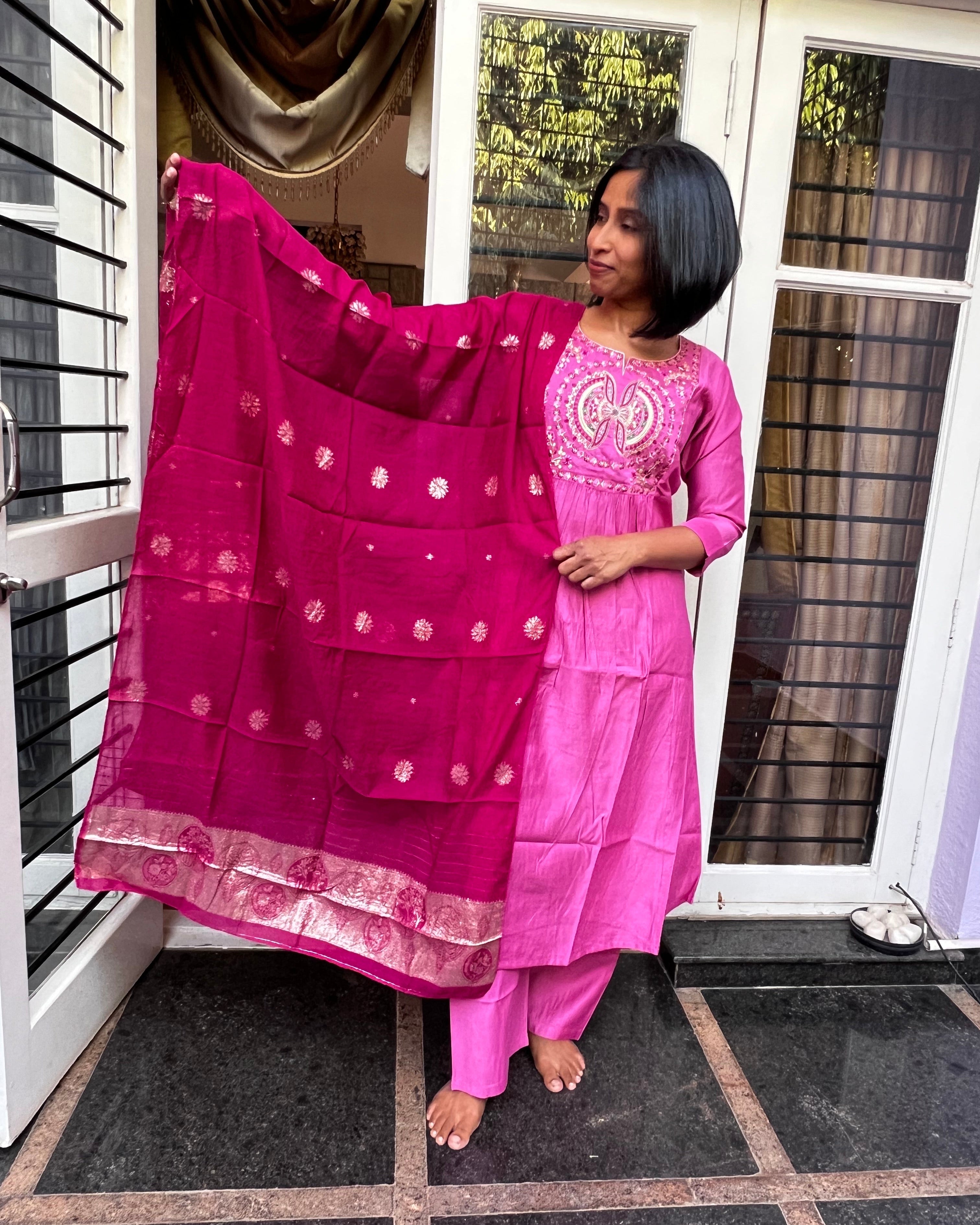 Fuchsia Pink Embroidered Kurta Set with Dupatta – 3 Piece Ethnic Set