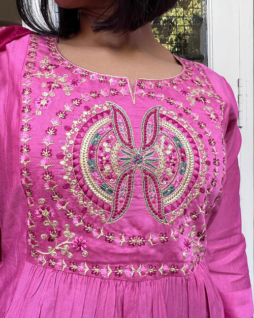Fuchsia Pink Embroidered Kurta Set with Dupatta – 3 Piece Ethnic Set