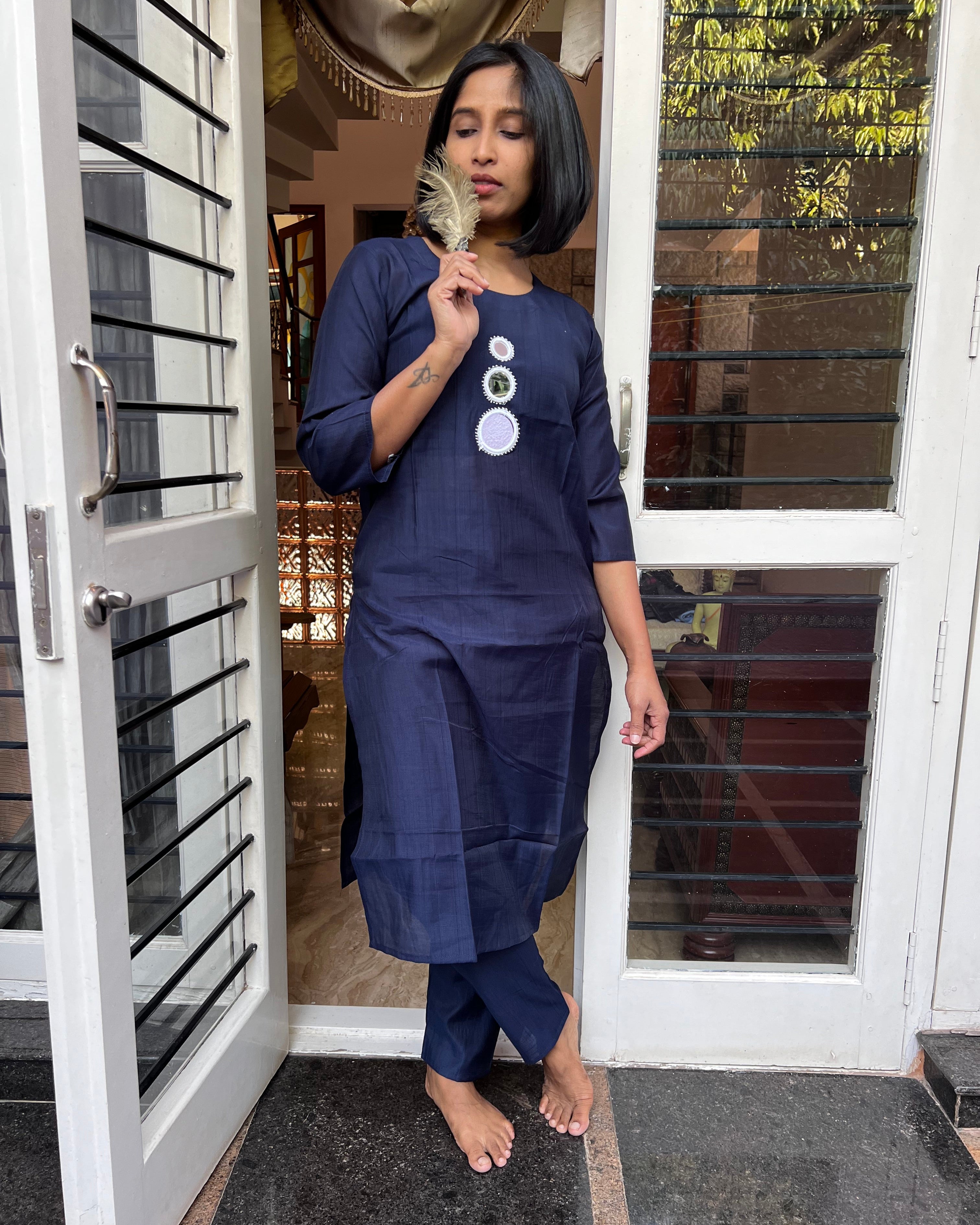 Navy Blue Solid Kurta Set with Minimal Embellishment – 2 Piece Co-ord Set